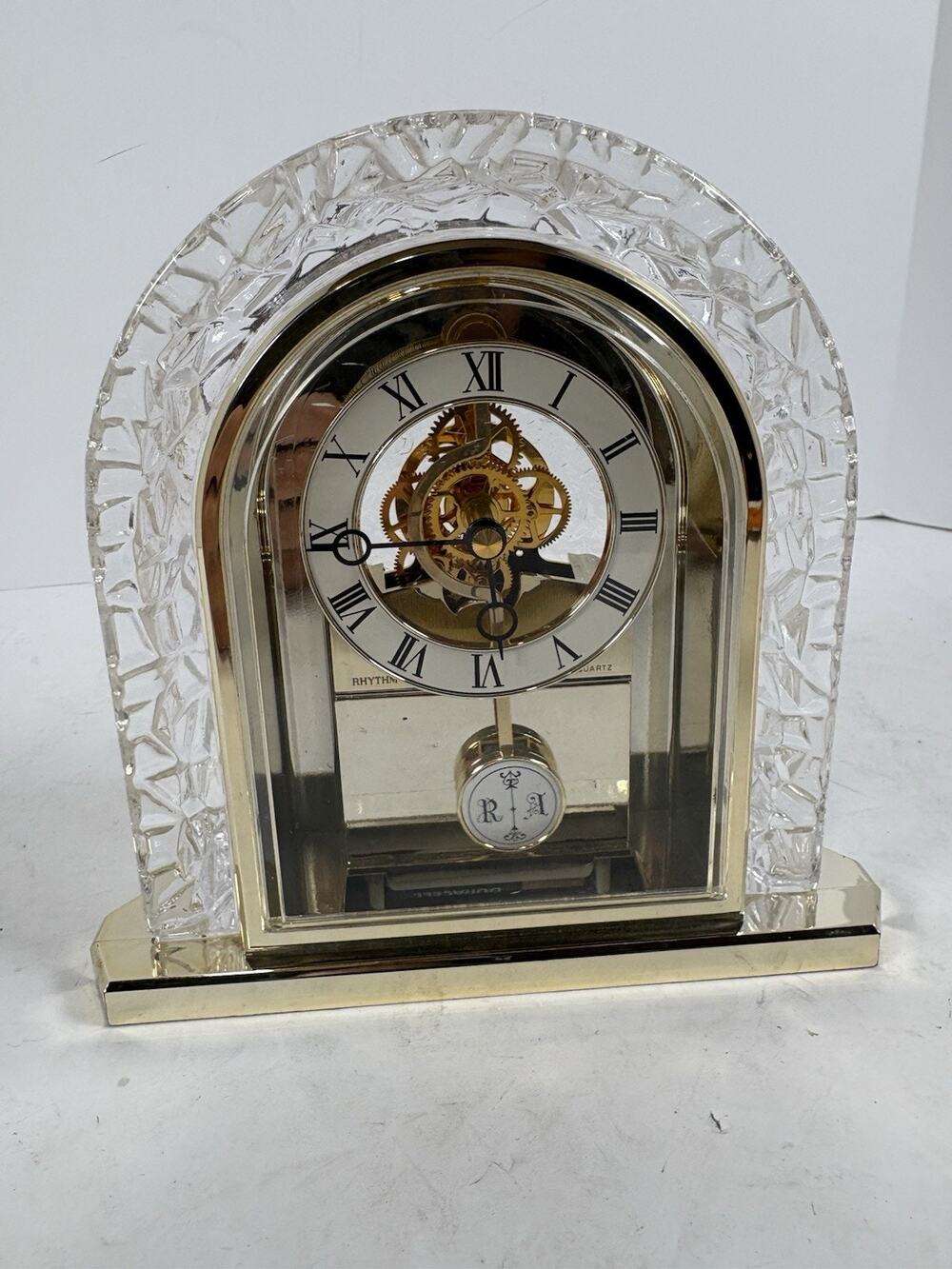 Linden Quartz Crystal Skeleton Mantel Clock Glass Arch Gold Tone Japan Works